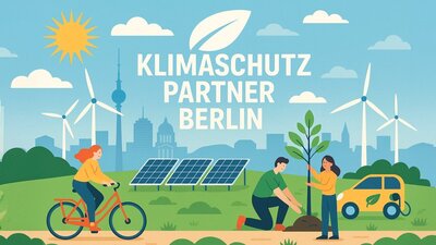 Zu sehen ist eine Illustration des Wettbewerbs Klimaschutzpartner Berlin. Auf der Illustration sieh man im Hintergrund die schemenhafte Skyline von Berlin, davor einige Windräder und Solarpanel sowie ein gelbes kleines e-Auto. Im Vordergrund fährt eine Person mit Helm Rad, während zwei weitere einen keine Baum am Rand des Weges pflanzen.
