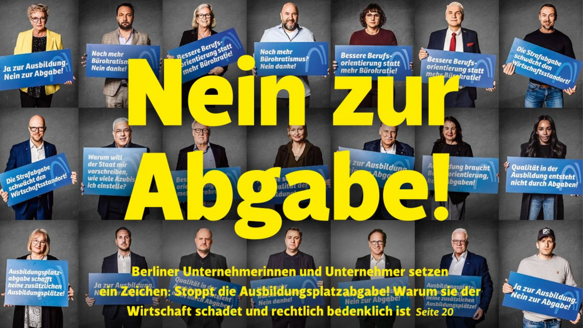Collage mit Personen, die Schilder mit Statements gegen die Ausbildungsplatzabgabe in den Händen halten