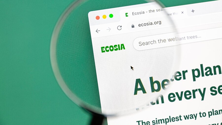 Zu sehen ist ein Ausschnitt eines Laptopbildschirms. Zu erkennen ist ein offenes Fenster der Suchmaschine Ecosia. Man schaut durch das Glas einer Lupe.