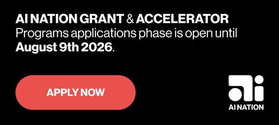 Auf einem schwarzen Hintergrund steht in weißer Schrift: "AI NATION GRANT & ACCELERATOR" - Applications open until August 9th 2026. 