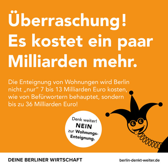 Zu sehen ist ein Motiv der Kampagne "Berlin denkt weiter", welches sich mit der Idee der Enteignung großer Wohnungsunternehmen beschäftigt und diese strikt und begründet ablehnt.