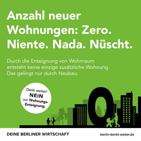 Zu sehen ist ein Motiv der Kampagne "Berlin denkt weiter", welches sich mit der Idee der Enteignung großer Wohnungsunternehmen beschäftigt und diese strikt und begründet ablehnt.