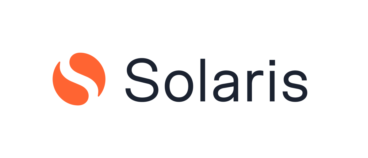Zu sehen ist der Schriftzug "Solaris" und ein runder orangener kreis, mit einem dunken "S". Es handelt sich um das Logo der Firma Solaris SE.