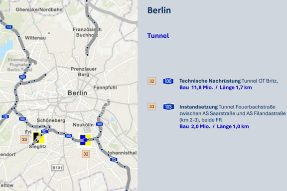 Zu sehen ist eine Karte, welche einen Ausschnitt in Berlin zeigt. In der Karte sind zwei Bereiche zweier Straße markiert, welche 2026 saniert werden. Es handelt sich um einen Tunnel im Ortsteil Britz sowie den Tunnel der Feuerbachstraße in Steglitz..