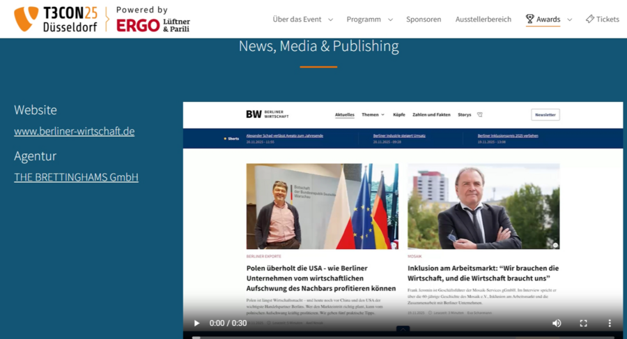 Die Darstellung des Preisträgers auf der Webseite des TYPO3 Awards