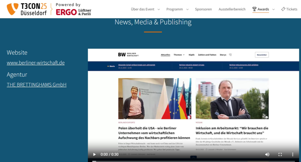 Die Darstellung des Preisträgers auf der Webseite des TYPO3 Awards