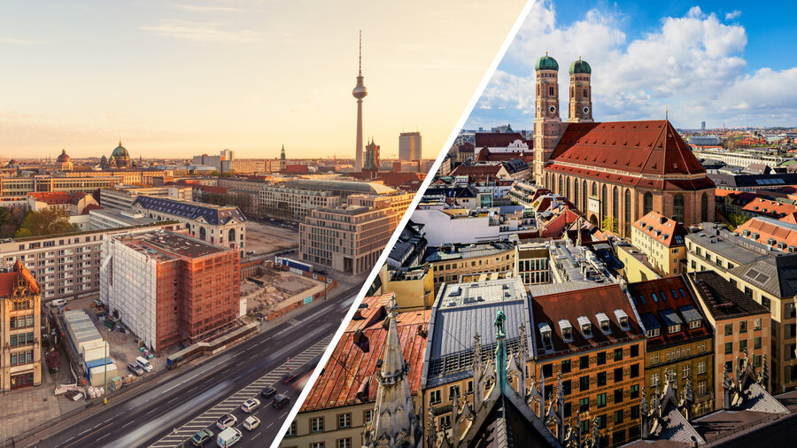 Ein Foto der Städte Berlin und München.
