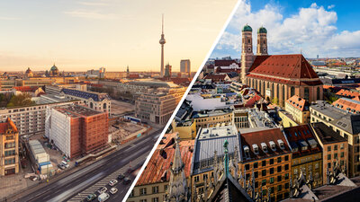 Ein Foto der Städte Berlin und München.