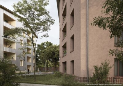 Zwei Wohnhäuser mit Bäumen und Grünflächen