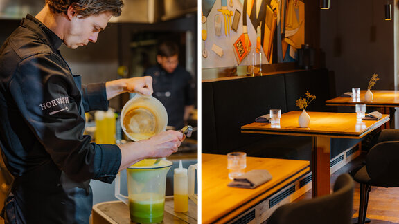 Koch und Gastraum des Restaurant Horvath. 