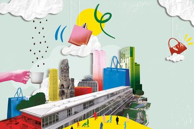 Bunte Collage Illustration einer modernen Stadt.