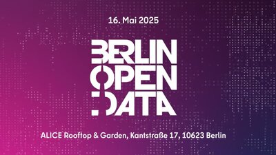 Zu sehen ist eine Grafik der Veranstaltung Berlin Open Data. Neben dem Titel sind Infos zum Datum und Veranstaltungsort zu sehen.