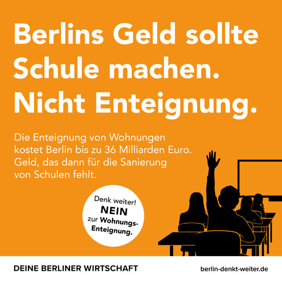 Zu sehen ist ein Motiv der Kampagne "Berlin denkt weiter", welches sich mit der Idee der Enteignung großer Wohnungsunternehmen beschäftigt und diese strikt und begründet ablehnt.
