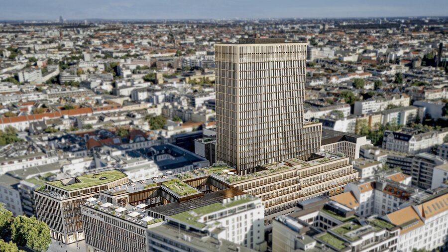 Visualisierung des Stadtquartiers mit Hochhaus in der Mitte