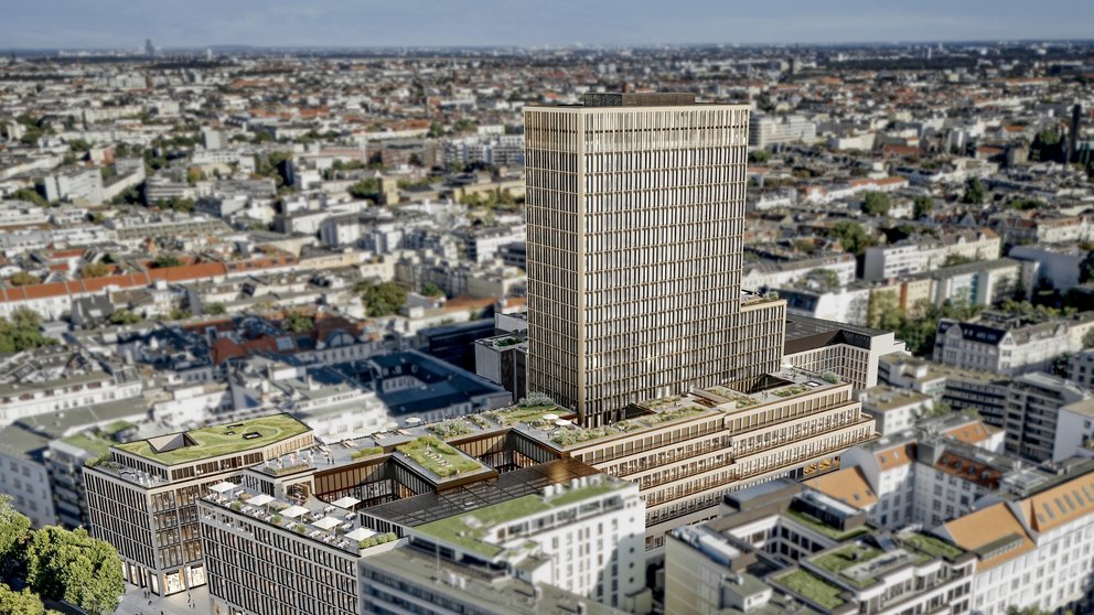 Visualisierung des Stadtquartiers mit Hochhaus in der Mitte