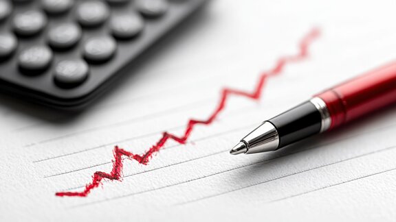 Ein Taschenrechner und ein Stift liegen auf einem Papier, auf welchem ein roter Graph zu sehen ist.