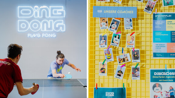 Links: Zwei Männer beim Tischtennis spielen. Rechts: Eine Notiztafel mit Infos zu den Tischtennisaktivitäten. 