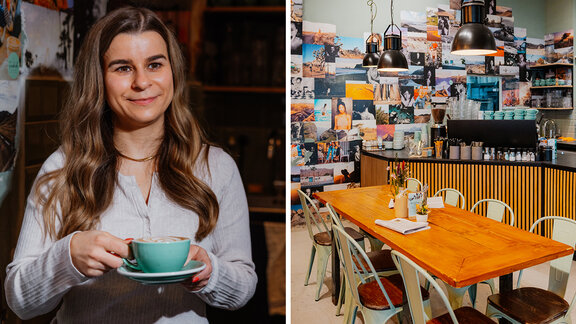 Ein zweiteiliges Bild: Die Betreiberin vom Fendricks Coffee hält eine Tasse Kaffee in der Hand und blickt freundlich – daneben sieht man das Café mitsamt dem Kaffeetresen und Sitzplätzen.