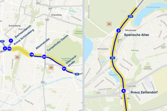 Zu sehen sind zwei Karten, welche je einen Ausschnitt in Berlin zeigen. In den Karten ist ein Bereich einer Straße markiert, welcher  2026 saniert wird. Es handelt sich um einen Teil der A100 sowie der A115.
