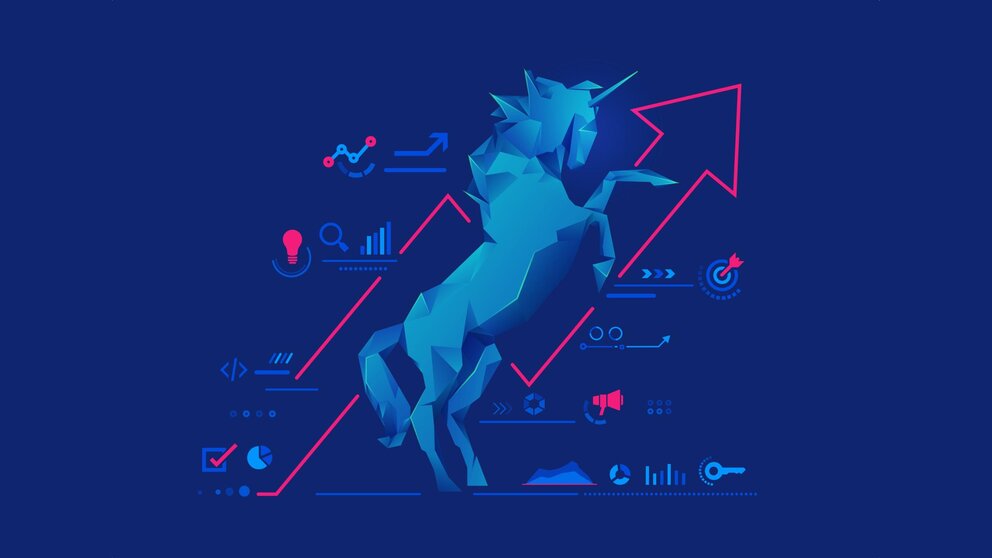 Eine Illustration eines blauen Einhornes.