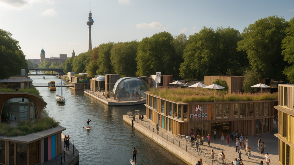 3D-Visualisierung des Konzepts des EXPO-Satellit Funkhaus an der Spree als einer von vielen möglichen dezentralen Standorten für die Expo 2035.