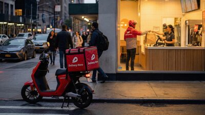 Zu sehen ist ein Restaurant, in dem ein Lieferfahrer gerade eine Bestellung abholt. Vor dem Restaurant auf der Straße steht der Motorroller des Lieferfahrers.