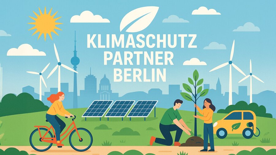 Illustration zeigt Windräder, Solarpanels, eine Frau auf Fahrrad, zwei Personen pflanzen einen Baum, ein Elektroauto und den Berliner Fernsehturm mit dem Text 'Klimaschutz Partner Berlin'
