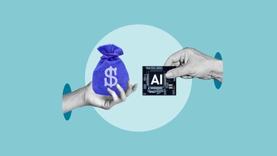 Zu sehen sind zwei Hände. Eine hält einen kleinen blauen Sack mit einer Dollarnote darauf. Die andere hält einen Computerchip mit der Aufrschrift "AI". Es handelt sich um ein Symbolbild zur Investition in KI.