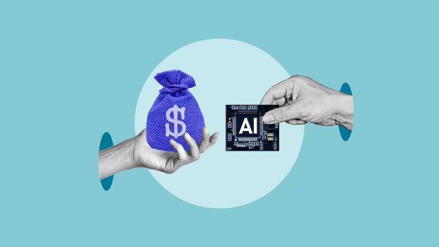 Zu sehen sind zwei Hände. Eine hält einen kleinen blauen Sack mit einer Dollarnote darauf. Die andere hält einen Computerchip mit der Aufrschrift "AI". Es handelt sich um ein Symbolbild zur Investition in KI.