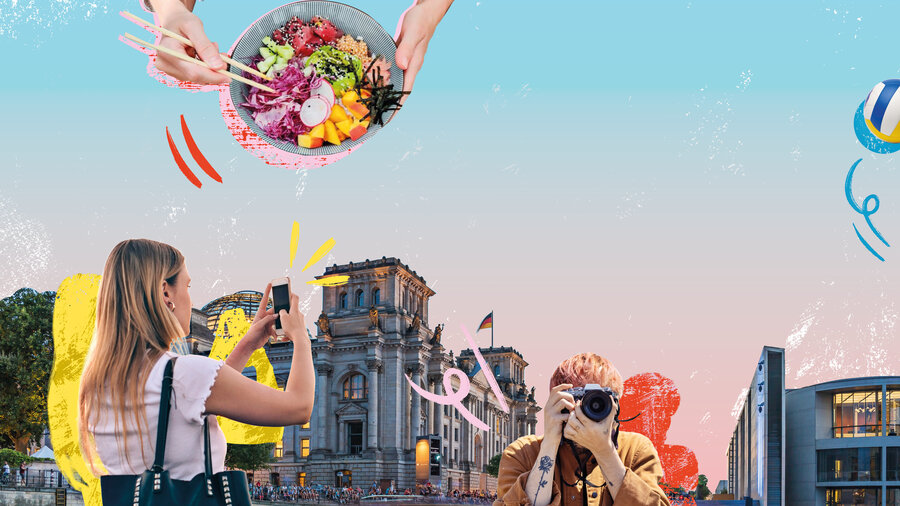 Collage mit mehreren Personen, welche Fotos machen. Im Hintergrund ist der Bundestag, die Spree und das Paul Löbe Haus zu sehen.