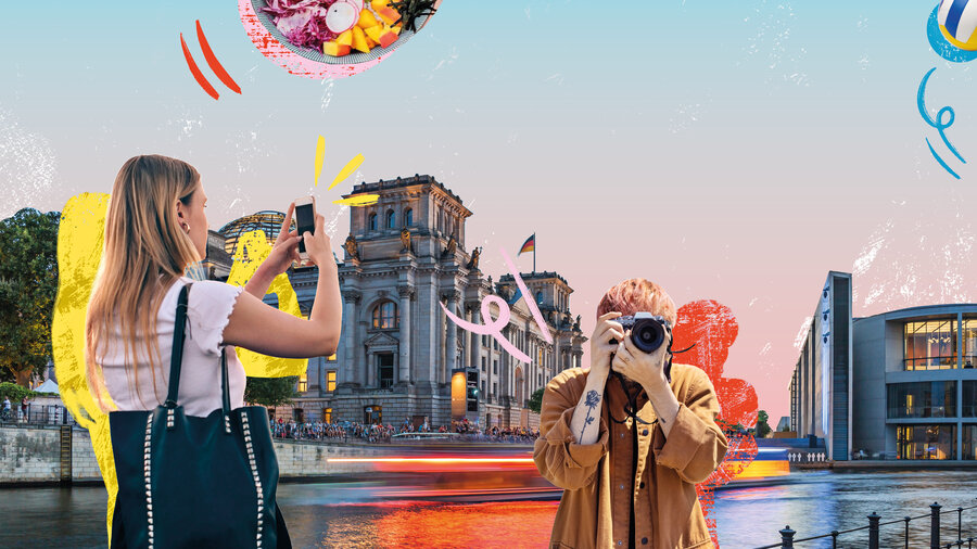 Collage mit mehreren Personen, welche Fotos machen. Im Hintergrund ist der Bundestag, die Spree und das Paul Löbe Haus zu sehen.