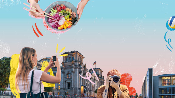 Collage mit mehreren Personen, welche Fotos machen. Im Hintergrund ist der Bundestag, die Spree und das Paul Löbe Haus zu sehen.