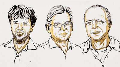 Zu sehen sind die gezeichneten Portäist von drei Männern. Eine mit dunklen Haaren und Bart, einer zwei mit Brille. Es sind die Gewinner des Medizin-Nobelpreises 2026.