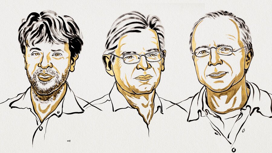 Zu sehen sind die gezeichneten Portäist von drei Männern. Eine mit dunklen Haaren und Bart, einer zwei mit Brille. Es sind die Gewinner des Medizin-Nobelpreises 2026.