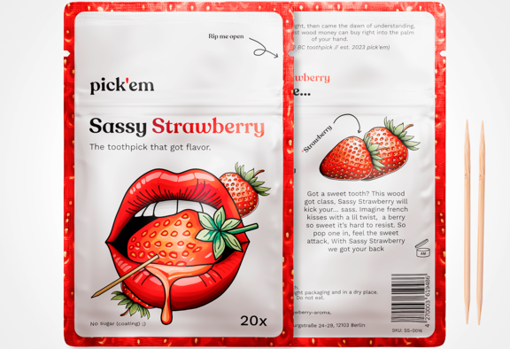 Vorder- und Rückseite einer Verpackung für pick'em Sassy Strawberry Zahnstocher mit Erdbeer-Motiv und roten Lippen, die eine Erdbeere halten.