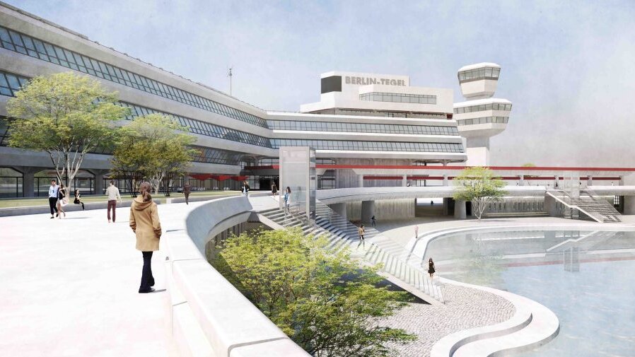 Zu sehen ist eine Visualisierung der zukünftigen Nutzung der früheren Flughafengebäude in Tegel
