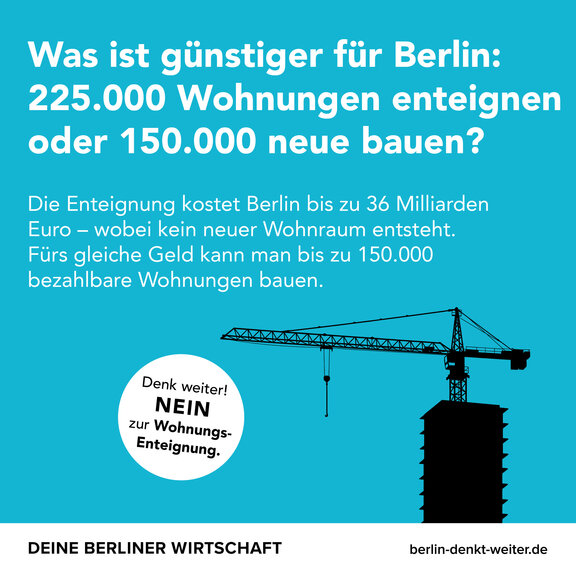Zu sehen ist ein Motiv der Kampagne "Berlin denkt weiter", welches sich mit der Idee der Enteignung großer Wohnungsunternehmen beschäftigt und diese strikt und begründet ablehnt.