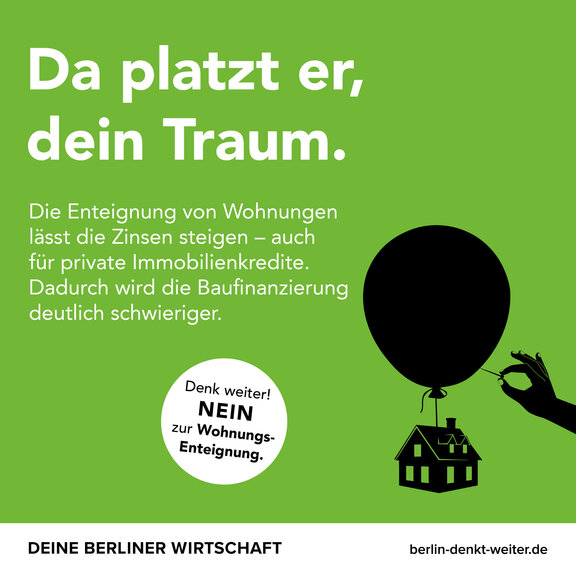 Zu sehen ist ein Motiv der Kampagne "Berlin denkt weiter", welches sich mit der Idee der Enteignung großer Wohnungsunternehmen beschäftigt und diese strikt und begründet ablehnt.