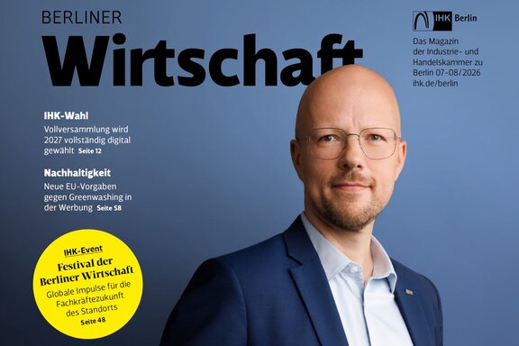 Zu sehen ist das Cover des Magazins Berliner Wirtschaft Online. Darauf zu erkennen ist der Präsident der IHK Berlin, Sebastian Stietzel.