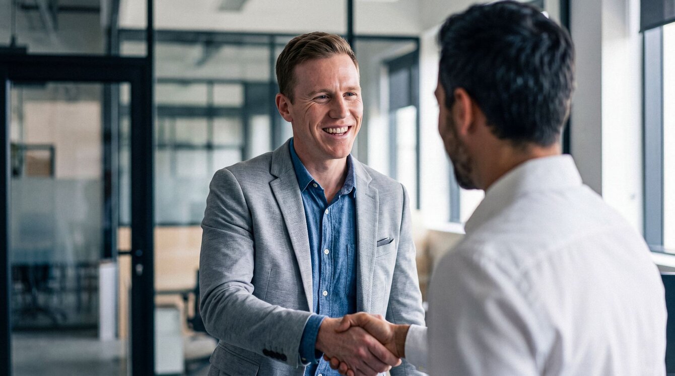 Zu sehen ist ein Mann im Anzug, der die Hand eines Geschäftspartners oder Kollegen schüttelt, der von hinten zu sehen ist.