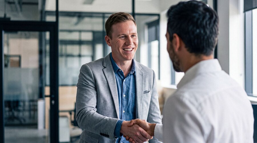 Zu sehen ist ein Mann im Anzug, der die Hand eines Geschäftspartners oder Kollegen schüttelt, der von hinten zu sehen ist.