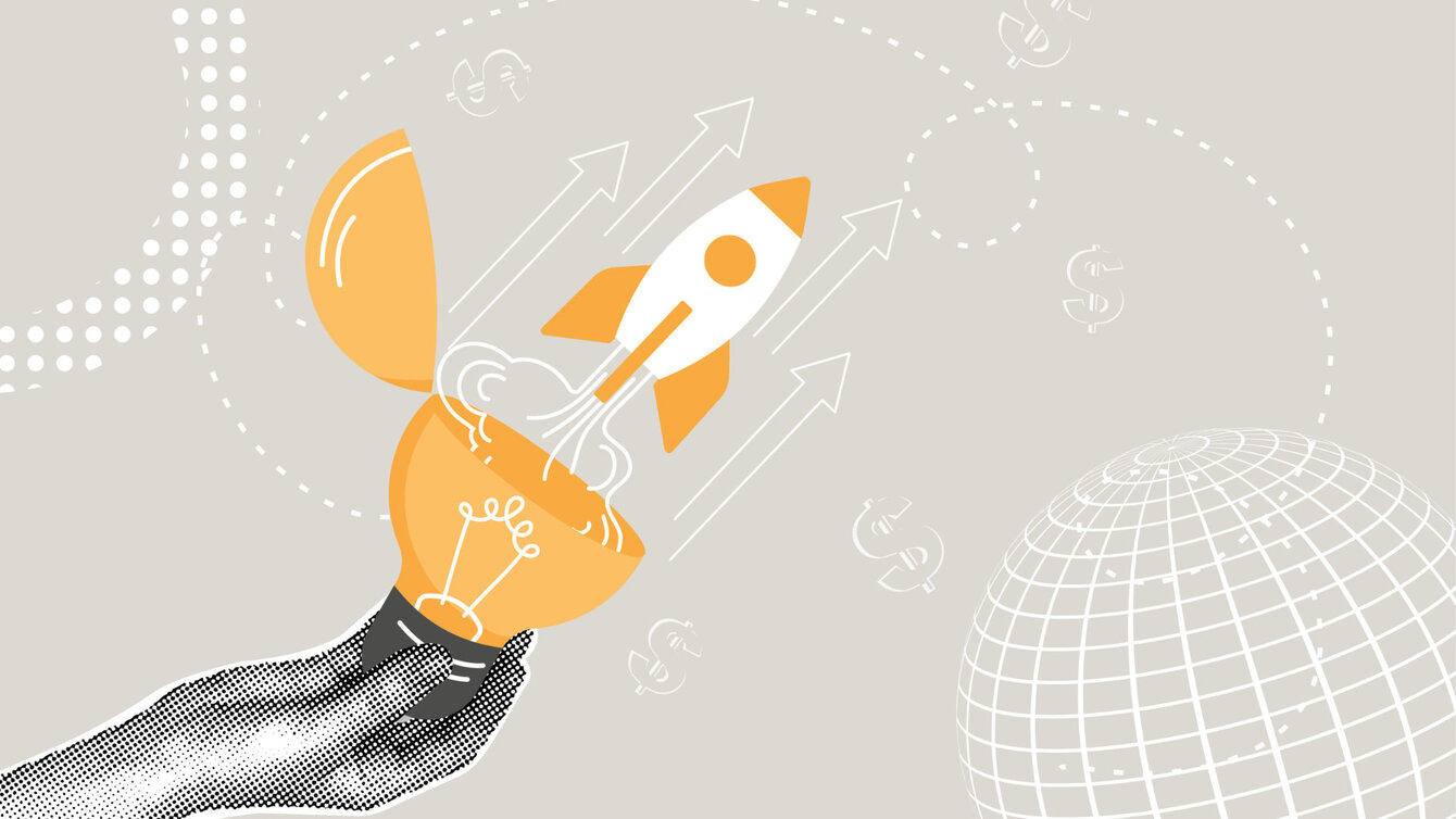 Eine Illustration: Eine Hand hält eine Glühbirne. Sie ist oben aufgebrochen und eine Rakete schießt heraus.