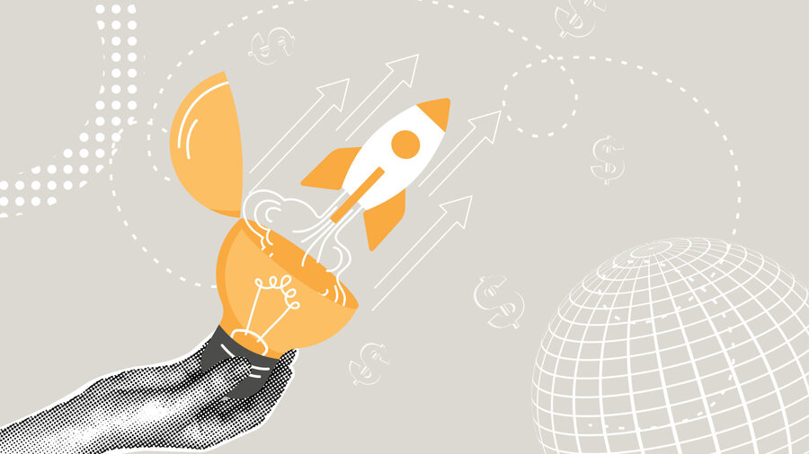 Eine Illustration: Eine Hand hält eine Glühbirne. Sie ist oben aufgebrochen und eine Rakete schießt heraus.