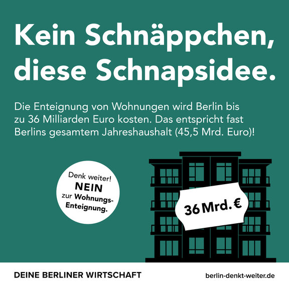 Zu sehen ist ein Motiv der Kampagne "Berlin denkt weiter", welches sich mit der Idee der Enteignung großer Wohnungsunternehmen beschäftigt und diese strikt und begründet ablehnt.