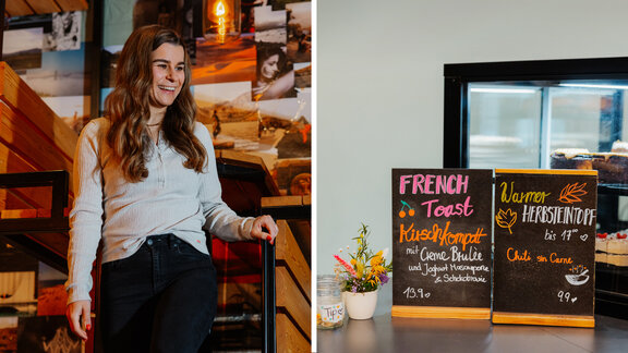 Ein zweiteiliges Bild: Die Betreiberin vom Fendricks Coffee steht lachend auf der stylischen Holztreppe, die zu den oberen Sitzplätzen führt – daneben sieht man saisonale Angebote mit bunter Kreide auf einer Tafel geschrieben.