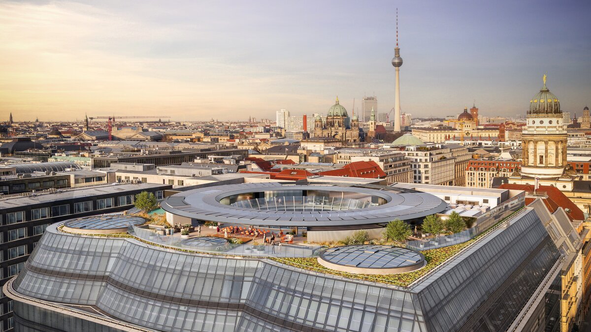 Visualisierung des Gebäudes nach Fertigstellung mit Aussicht auf die Dachterrasse und Blick auf Berlin