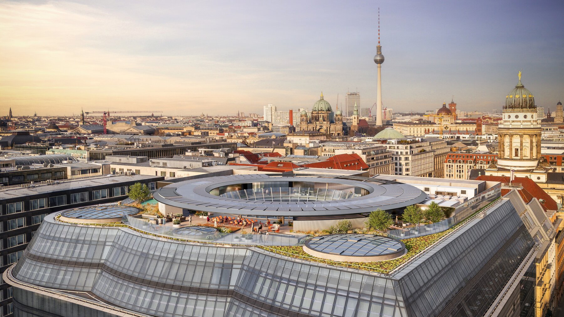 Visualisierung des Gebäudes nach Fertigstellung mit Aussicht auf die Dachterrasse und Blick auf Berlin