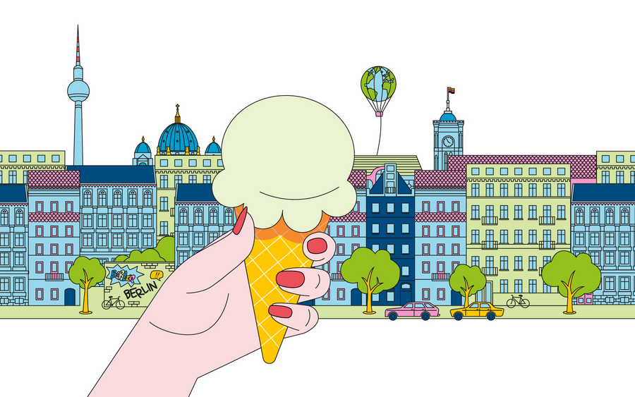 Eine Zeichnung in welchem eine Hand ein Eis hochhält. Im Hintergrund ist eine gezeichnete Skyline von Berlin.