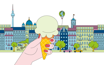 Eine Zeichnung in welchem eine Hand ein Eis hochhält. Im Hintergrund ist eine gezeichnete Skyline von Berlin.