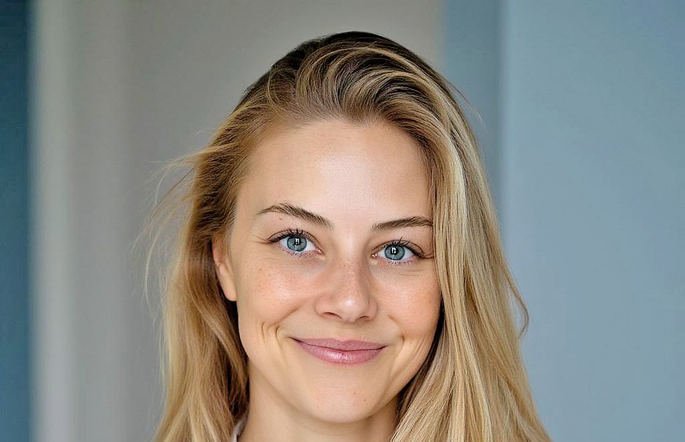 Eine junge Frau mit blonden Haaren vor einem  grauem Hintergrund lächelt.
